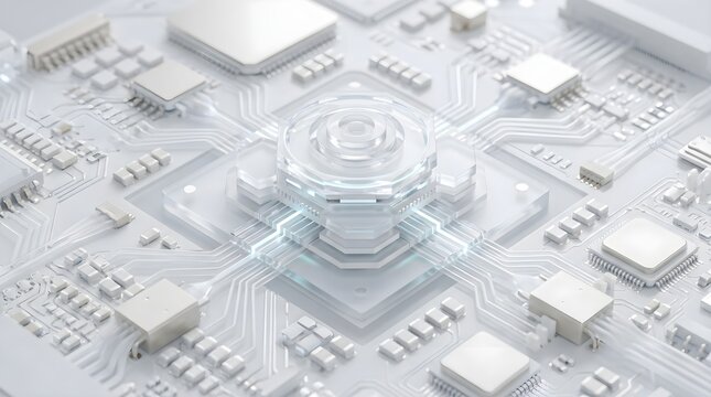 Futuristic white photonic processor with transparent optical pathways and microcircuits.