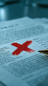 Denied Contract: A prominent red cross marks a document, symbolizing rejection, disapproval, or a failed agreement.