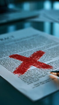 Rejection Stamp: A prominent red 'X' marks a document, signifying a denial or disapproval. This close-up shot highlights the finality of the mark, suggesting a setback or failed attempt.