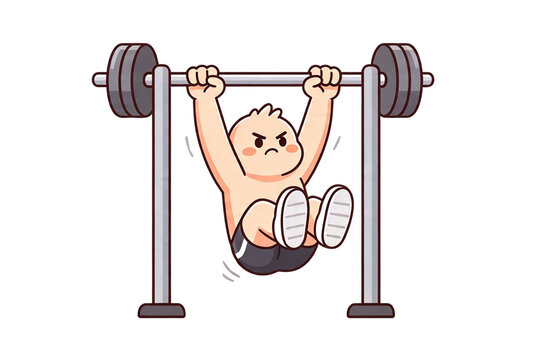Cute Cartoon Character Performing Intense Pull Up Exercise on Barbell Fitness Equipment for Strength Training and Workout Routine