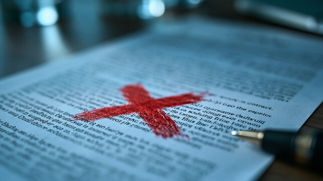 Rejected Document: A close-up shot of a document with a large red 'X' marked across it, indicating rejection or correction, with a pen lying nearby.
