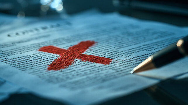 Contract Denied: A red 'X' marks a contract, signifying rejection or cancellation, with a pen poised nearby, suggesting a decision has been made.