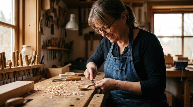 Woman carving wood in traditional workshop.