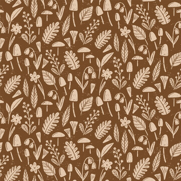 Hand Drawn Autumn Woodland Pattern with Mushrooms and Foliage