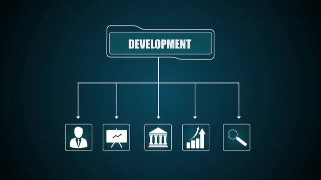 Development strategy flowchart showing corporate growth, business management structure with icons, professional expansion diagram.