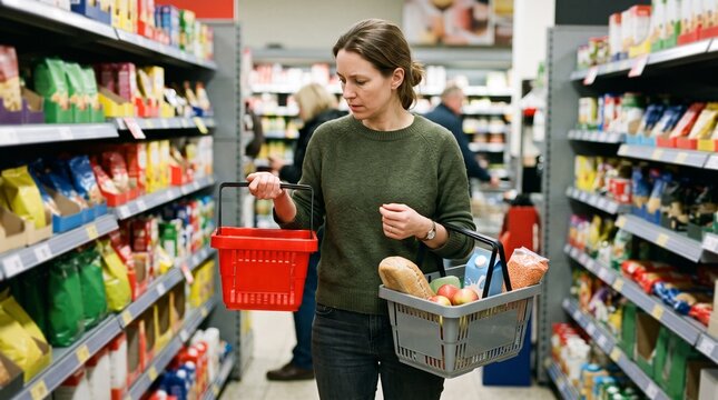 Woman shopping for groceries in a supermarket aisle with a basket full of food