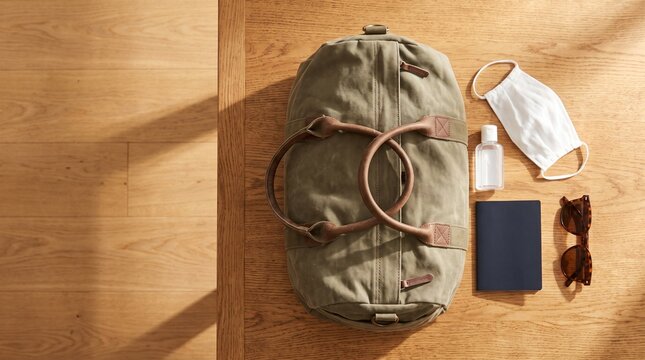 Duffel bag with passport face mask and travel essentials