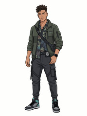 Fototapeta premium Anime style male character illustration, young man in tactical streetwear and bomber jacket, urban fashion vector art