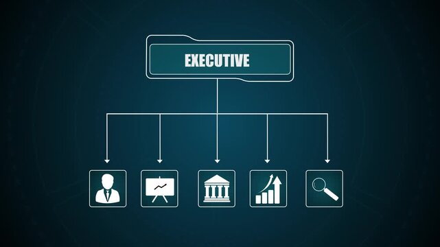 Executive corporate hierarchy diagram showing business structures, management leadership team of five roles, professional organizational chart.