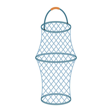 Fishing keepnet, vector illustration. Wire fish basket with a handle. Hand drawn clipart isolated on white. Flat grey mesh cage. Outdoor adventure, angling tackle, and live catch keeper fishing net
