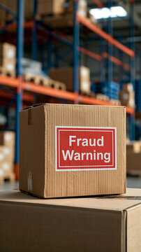 Fraud Warning on Package: A cardboard box in a warehouse setting features a prominent Fraud Warning label, highlighting a potential scam or illegal activity.