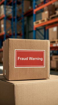 Fraud Warning Box in Warehouse: A cardboard box with a prominent red Fraud Warning label sits stacked in a busy warehouse, surrounded by shelves full of merchandise.