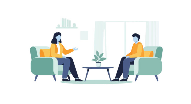 A flat vector illustration shows two people sitting in cozy armchairs having a conversation across a small coffee table.