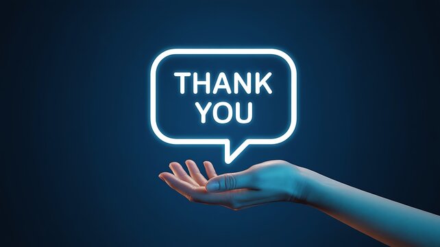 A hand holds a glowing speech bubble with the words THANK YOU written inside, against a dark blue background