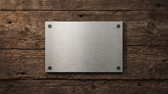 A brushed metal plaque is affixed to a rustic wooden plank, its surface reflecting the ambient light with a subtle sheen.