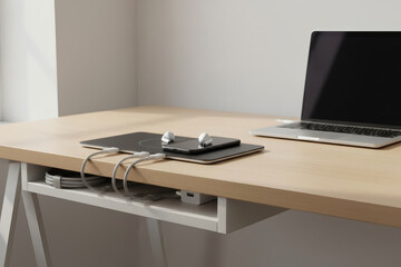 Fototapeta premium Home Office Desk with Organized Device Charging and Cable Storage