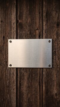 A blank metallic plaque is affixed to a weathered wooden wall, offering a customizable space for any message or design.