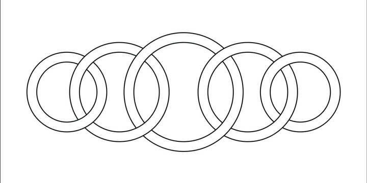 Abstract design of five interlocking rings arranged in a horizontal row pattern