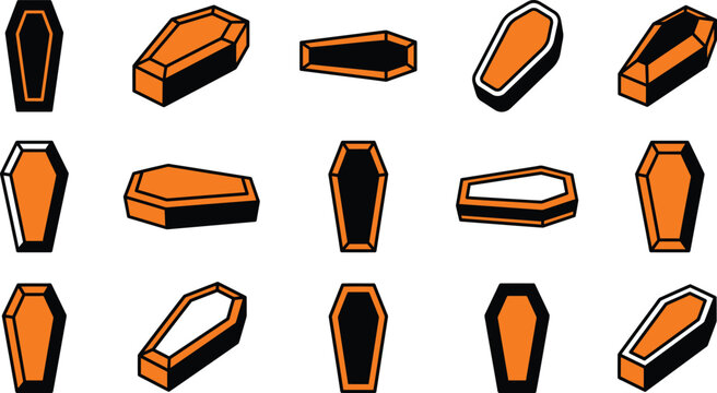 Various Halloween coffins orange and black for gothic celebrations.