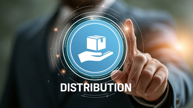 Distribution Logistics Icon: A businessman's hand presses a digital button with a distribution icon, symbolizing global supply chain and e-commerce.