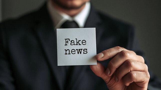Fake News Warning: A man in a suit holds a note stating Fake news, a stark reminder of misinformation in the digital age.