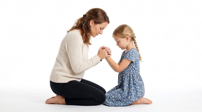 Mother and daughter praying together on white background, symbolizing faith, family, and spiritual connection