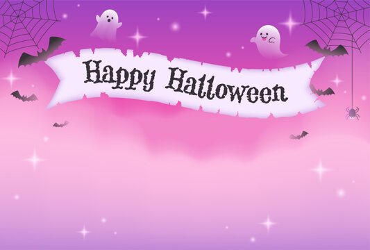 cute pastel halloween vector background with ghosts, bats and vintage paper copy space frame in the foggy sky