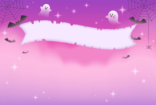 cute pastel halloween vector background with ghosts, bats and vintage paper copy space frame in the foggy sky