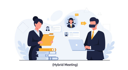 Fototapeta premium Hybrid Meeting: Virtual Collaboration Between Lawyers Using VR and Laptop
