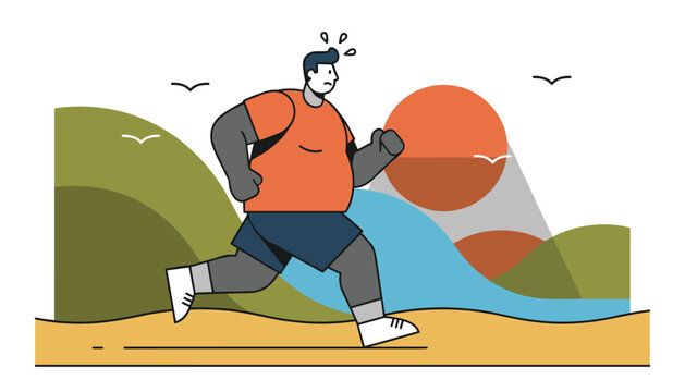 Resolute overweight man jogging outdoors at sunset to lose weight and improve his physical health and fitness.