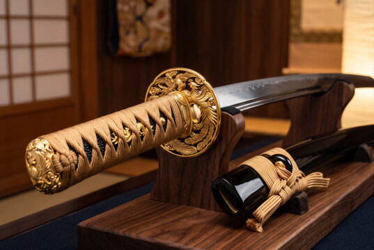 Traditional Japanese samurai katana sword blade weapon with gold tsuba hilt and scabbard on stand.