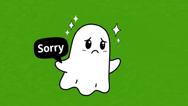 Sad Apologetic Ghost with Speech Bubble Saying Sorry on Green Screen. 4K Video