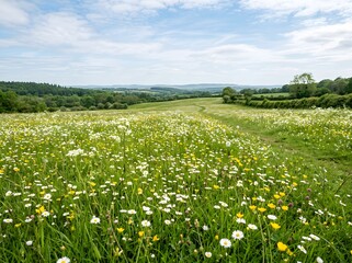Obraz premium Vast Meadow Blanketed in Wildflowers Under Soft Sky with Rolling Green Hills and Distant Tree-Lined Horizon