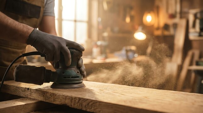 Carpenter sanding wooden board with power sander tool in sunlit woodworking workshop