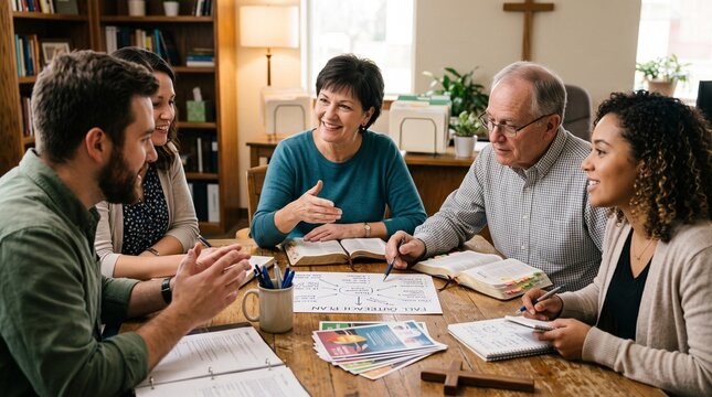 Diverse group of people engaged in bible study and planning a fall outreach event around a wooden table