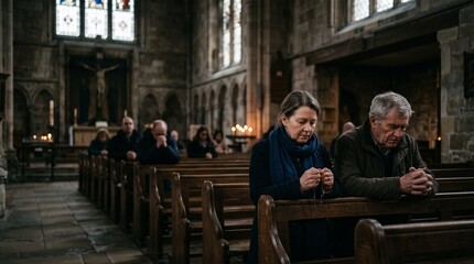 Obraz premium Couple praying together in church pews holding rosary beads with solemn expressions and faith