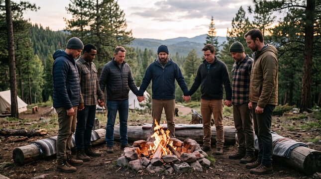 Diverse group of men holding hands in prayer around a campfire in a forest setting