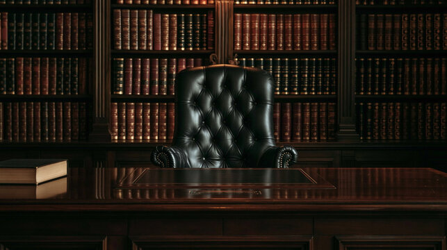The Executive's Chamber: A commanding leather executive chair sits center stage behind a polished mahogany desk, flanked by floor-to-ceiling bookshelves filled with countless volumes.