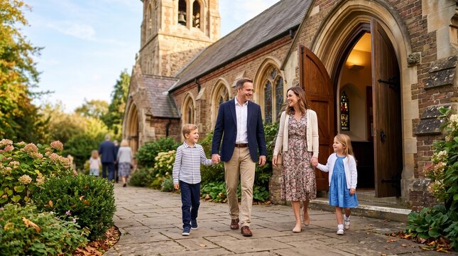 Happy family walking towards a beautiful church on a sunny day, symbolizing faith and togetherness