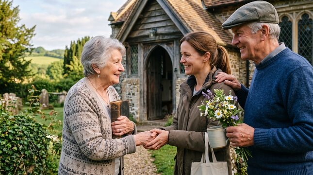 Elderly couple greets a younger woman with flowers and a book outside a charming stone church in the countryside