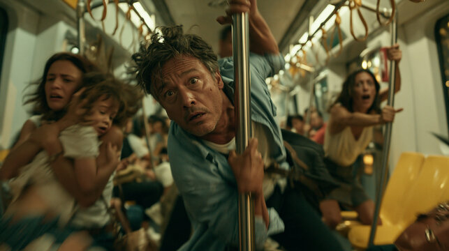 Train Chaos: A scene of panic and terror unfolds inside a moving train carriage as passengers react in fear to an unseen threat.