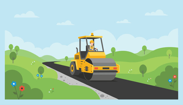 Yellow road roller smoothing out a fresh asphalt path through scenic green hills with wildflowers under a clear blue sky.