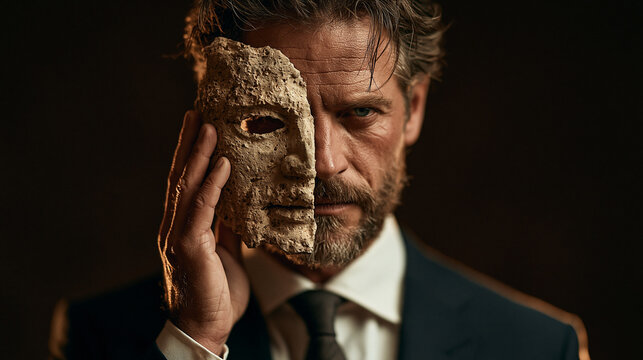 Masked Identity: A distinguished man in a suit wears a rustic, ancient mask, revealing half of his face, in a dramatic portrayal of duality and hidden self.