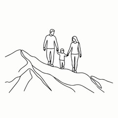 Fototapeta premium Minimalist One Line Art Family Walking on Mountain Ridge Vector