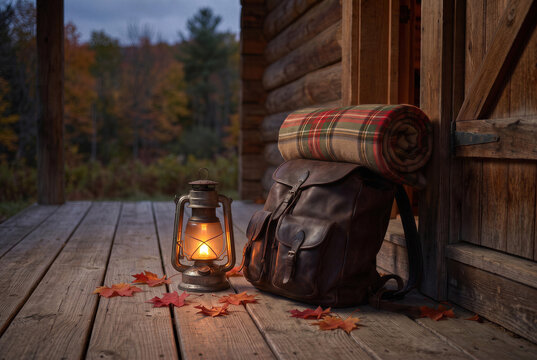 Cozy autumn cabin porch with rustic leather backpack, plaid blanket, glowing lantern and maple leaves.