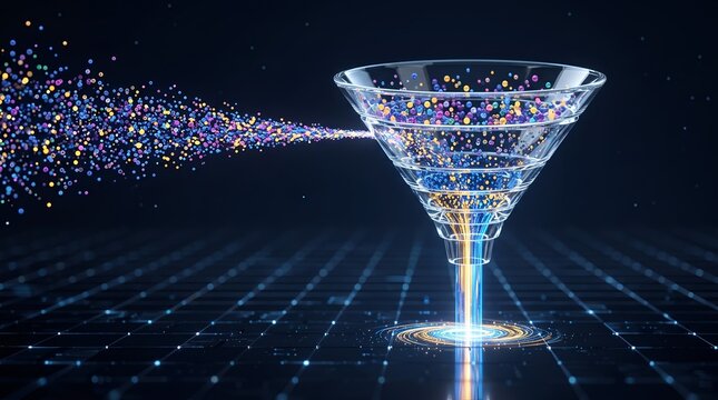 Abstract digital funnel processing and refining complex data particles into structured information
