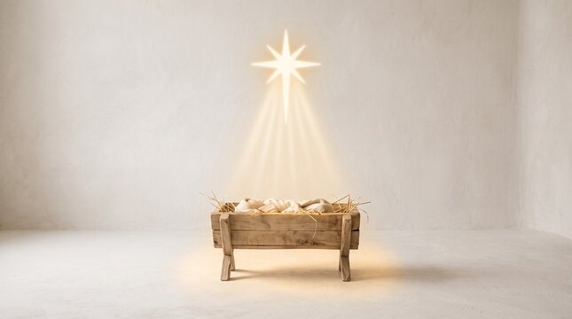 Empty wooden manger with straw and blankets under a glowing star of Bethlehem, symbolizing the Nativity scene