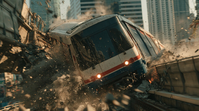 Train Derailment Disaster: A dramatic scene depicts a passenger train violently derailing and crashing through an elevated track structure amidst a debris-filled urban environment.