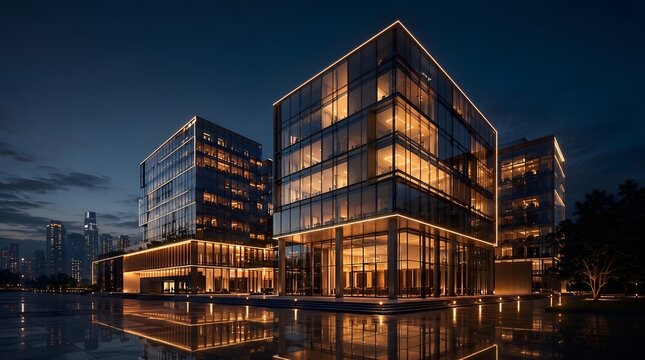 Modern illuminated glass corporate office building exterior at night with city skyline reflections