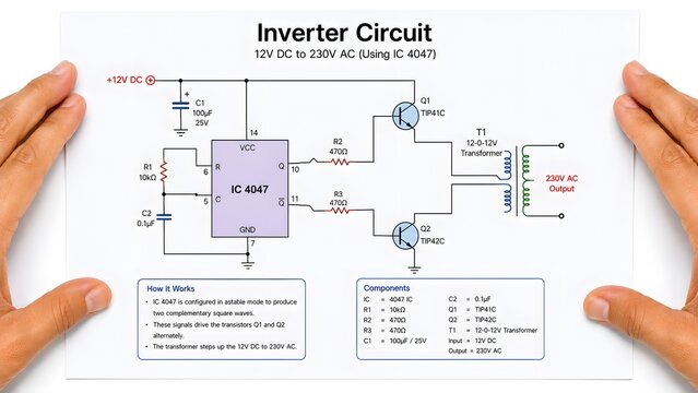 12V DC to 230V AC Inverter Circuit Diagram with IC 4047 and Transformer